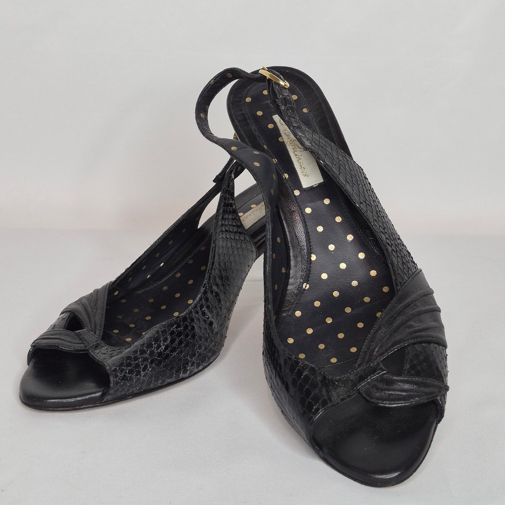 Lulu Guinness Black Snakeskin Leather Slingback Peep‎ Toe Kitten Heels Spain 39